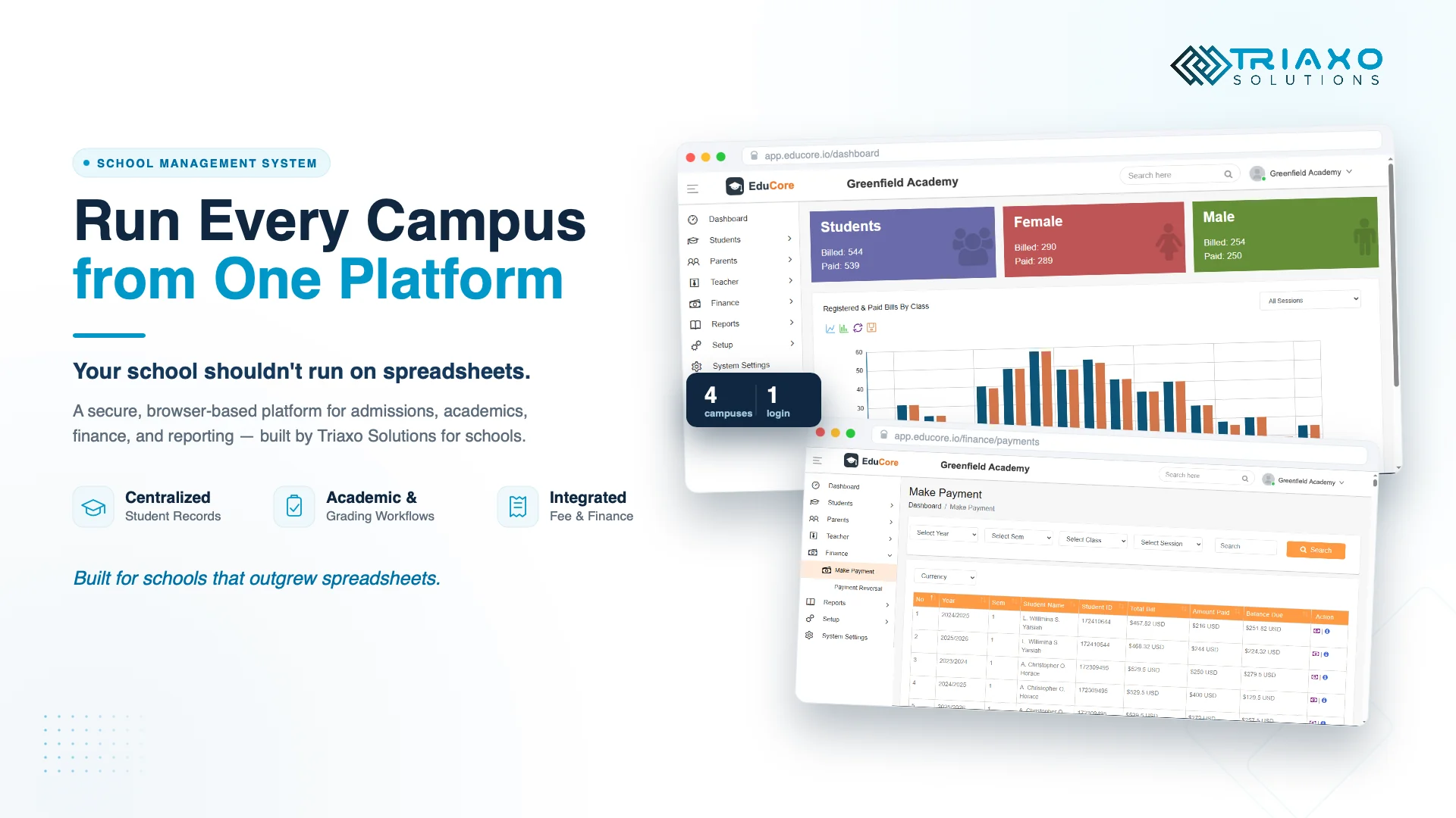 Web-based school management dashboard showing student enrollment, class roster, and navigation modules for academics and finance.