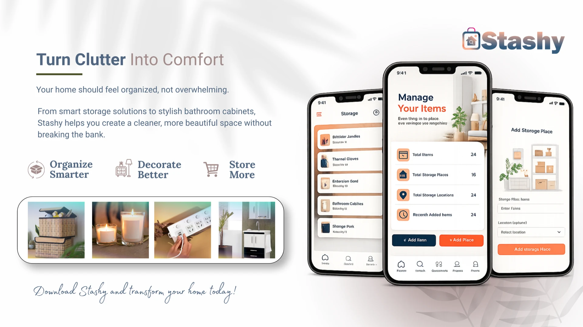 Stashy home inventory app on iPhone showing dashboard with total items, storage places, and quick add actions.