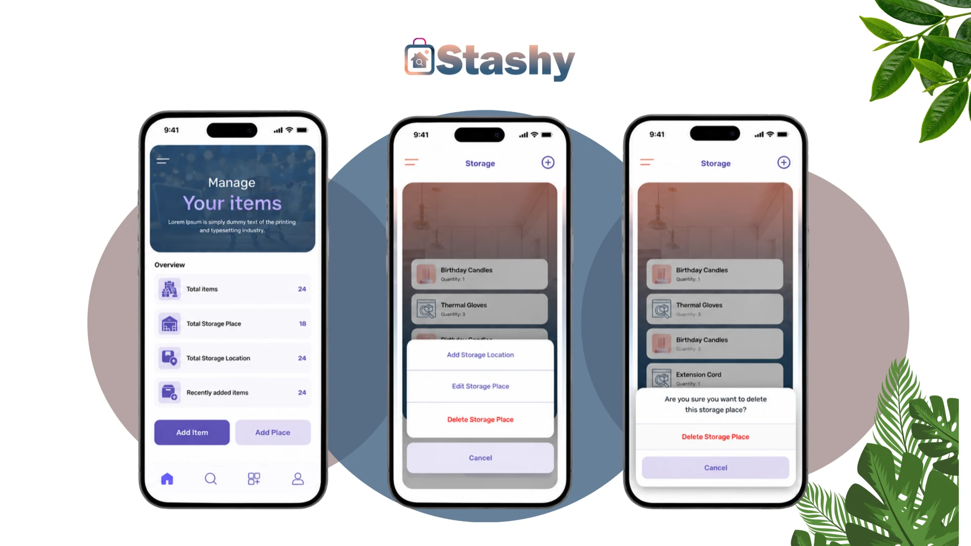 Stashy mobile app organizing household storage with custom places, named locations, and item tracking across every room.