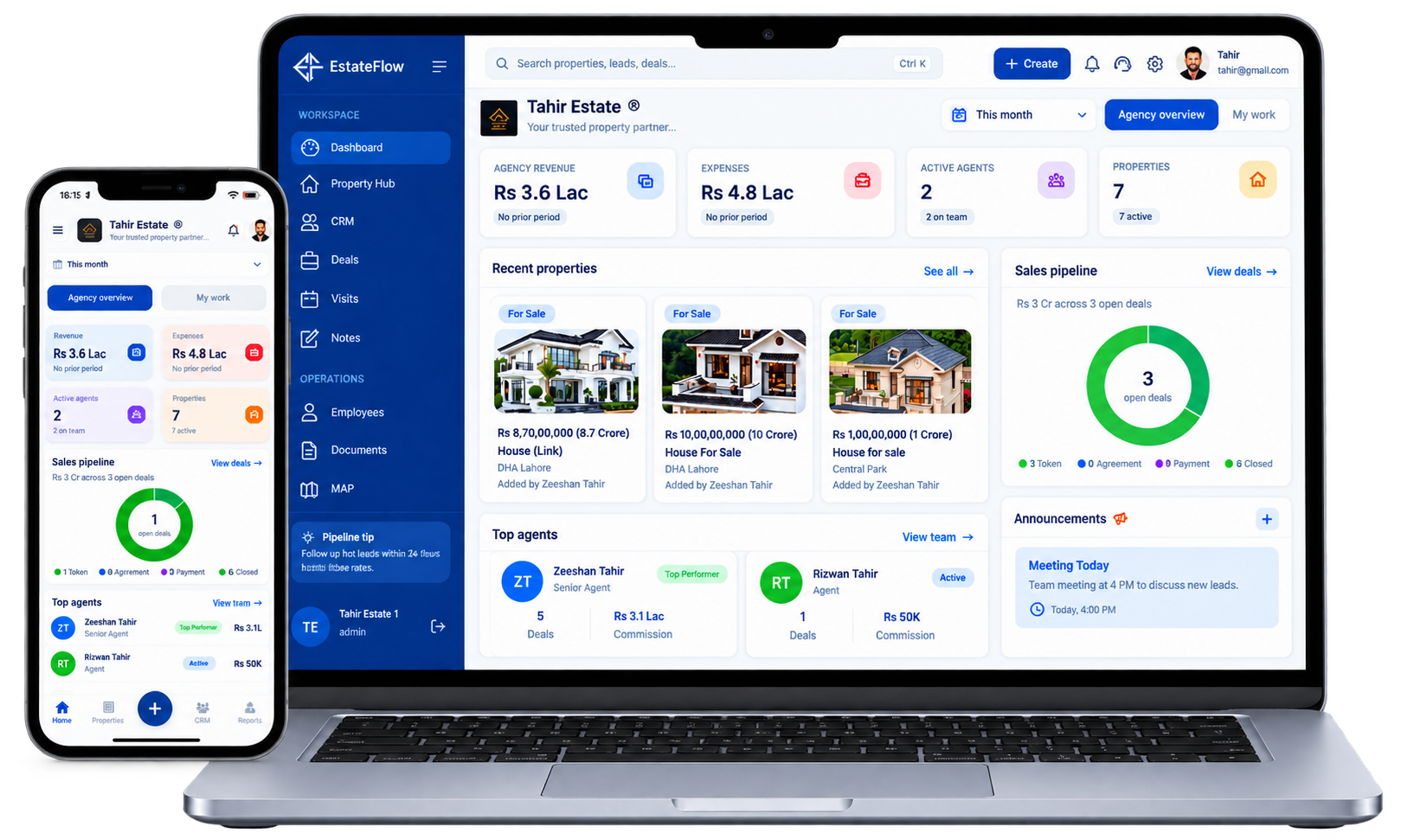 EstateFlow listings, leads, and deals dashboard preview