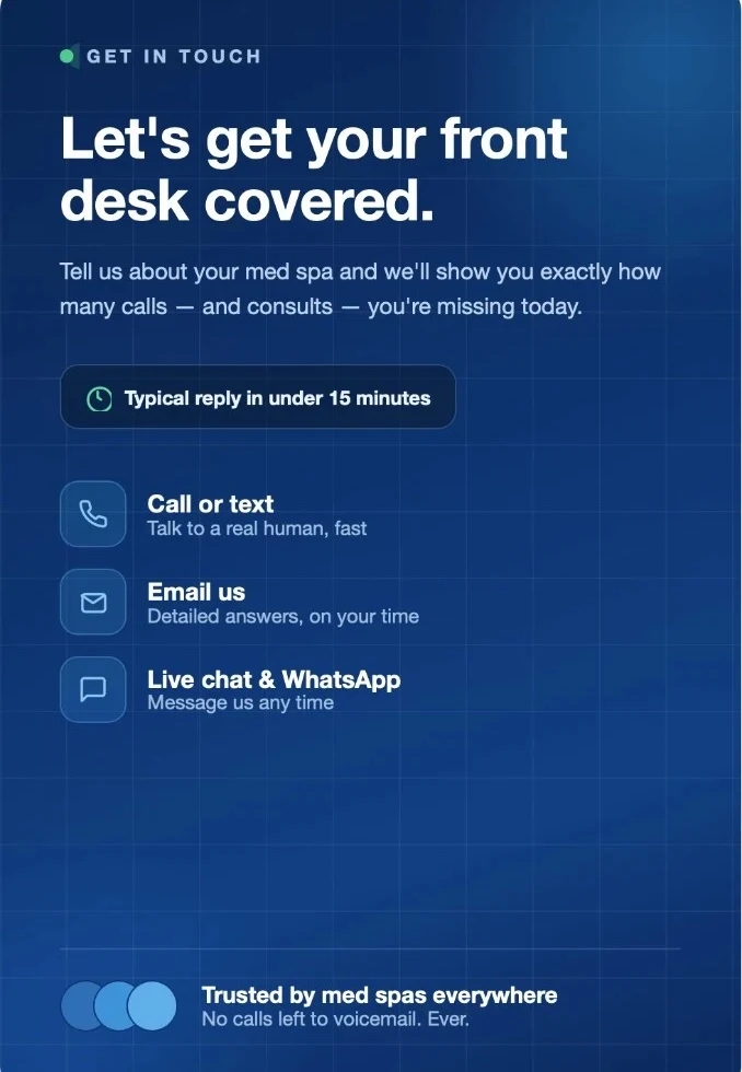 Voixdesk get in touch — call, email, live chat and WhatsApp for med spa owners
