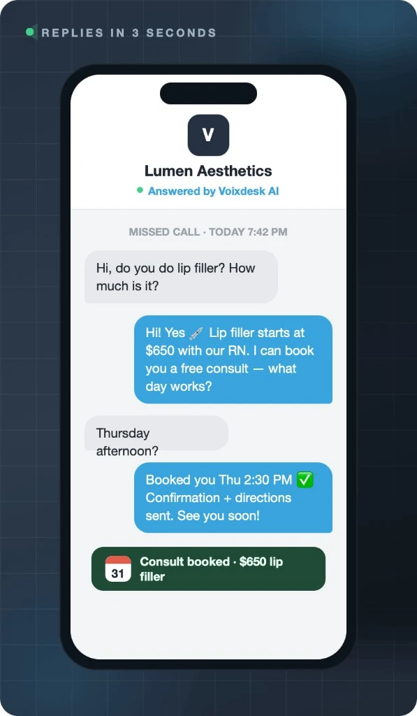 Voixdesk AI texting a missed caller about lip filler pricing and booking a med spa consult in seconds